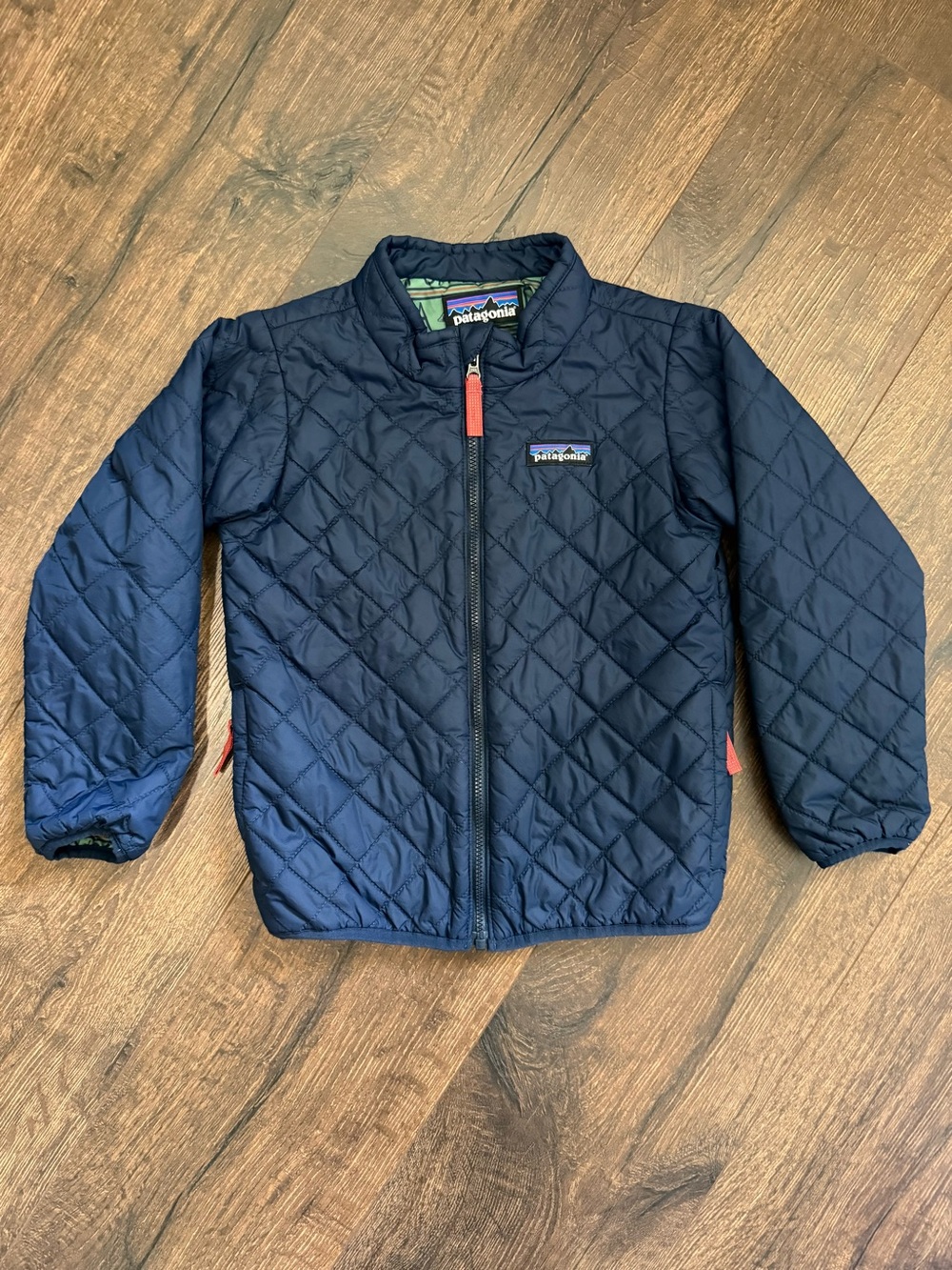 Patagonia Navy Quilted Kids Jacket with Coral Zipper Pulls